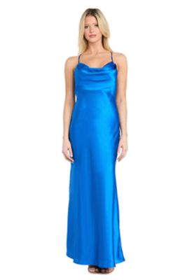 Morgan & Co Women's Long Spaghetti Strap Charmeuse W Draped Front And X Back, Azure, Small