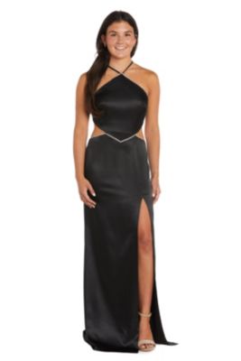 Long Slim Satin Halter W  Cut Out Sides Tie Back And Rhinestone Trim