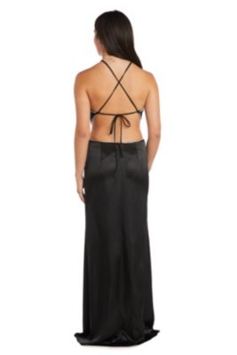 Long Slim Satin Halter W  Cut Out Sides Tie Back And Rhinestone Trim