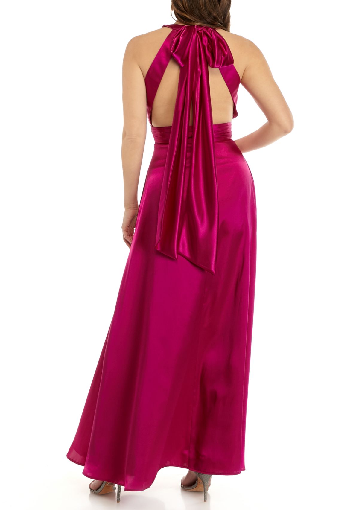 Womens Halter Neck Charmeuse Bow Back Dress