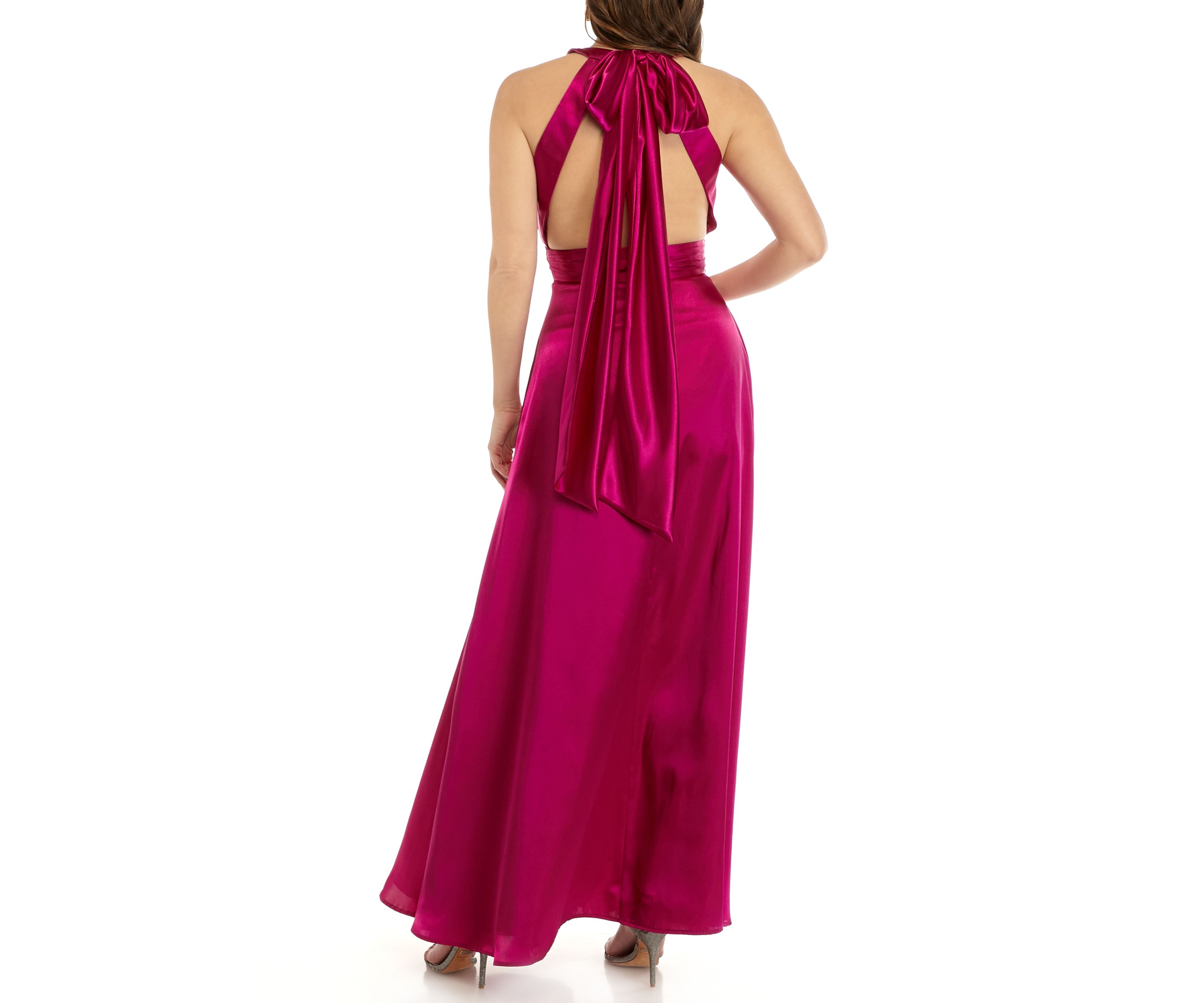 Womens Halter Neck Charmeuse Bow Back Dress