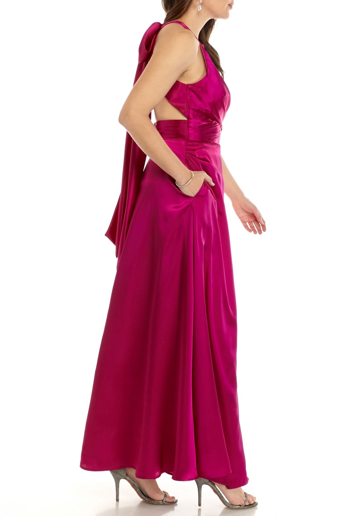 Womens Halter Neck Charmeuse Bow Back Dress