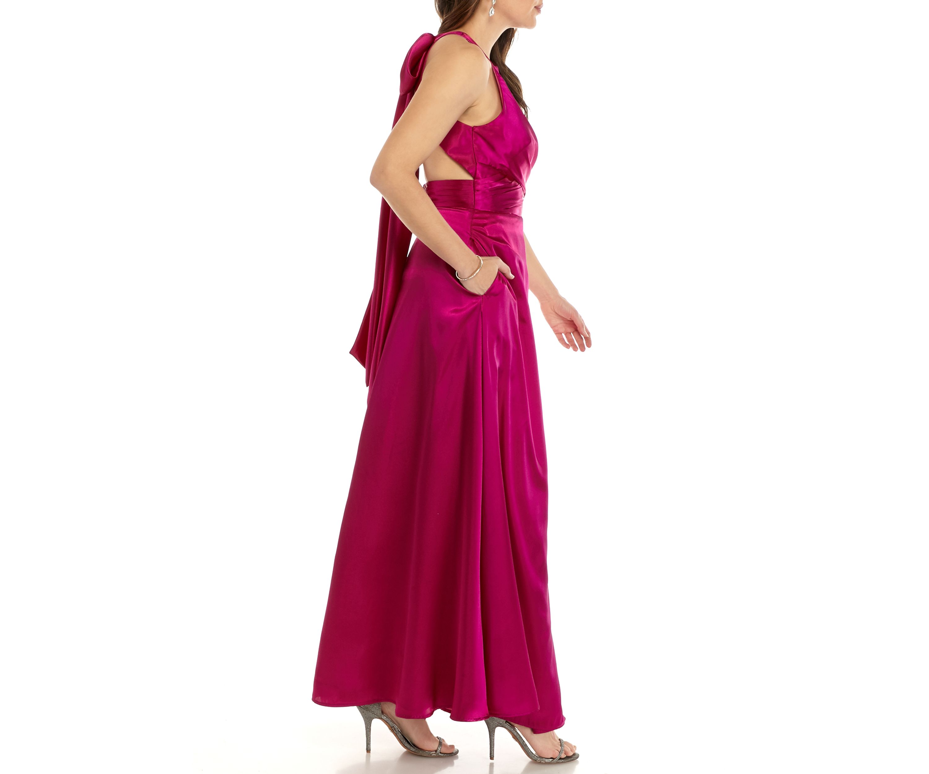 Womens Halter Neck Charmeuse Bow Back Dress