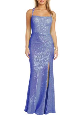 Morgan & Co Women's Spaghetti Strap Cowl Neck Solid Sequin Slim Gown