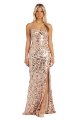 Long Patterned Sequin Lace W Cut Out Corseted Bodice  Adjustable Spaghetti Straps Up Open Back Detail And Side Slit