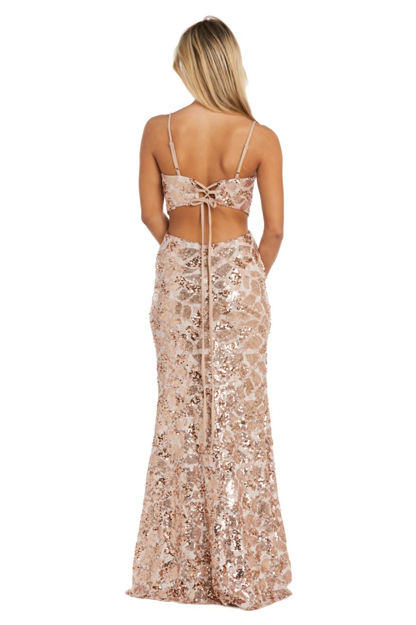 Long Patterned Sequin Lace W Cut Out Corseted Bodice  Adjustable Spaghetti Straps  Lace Up Open Back Detail And Side Slit