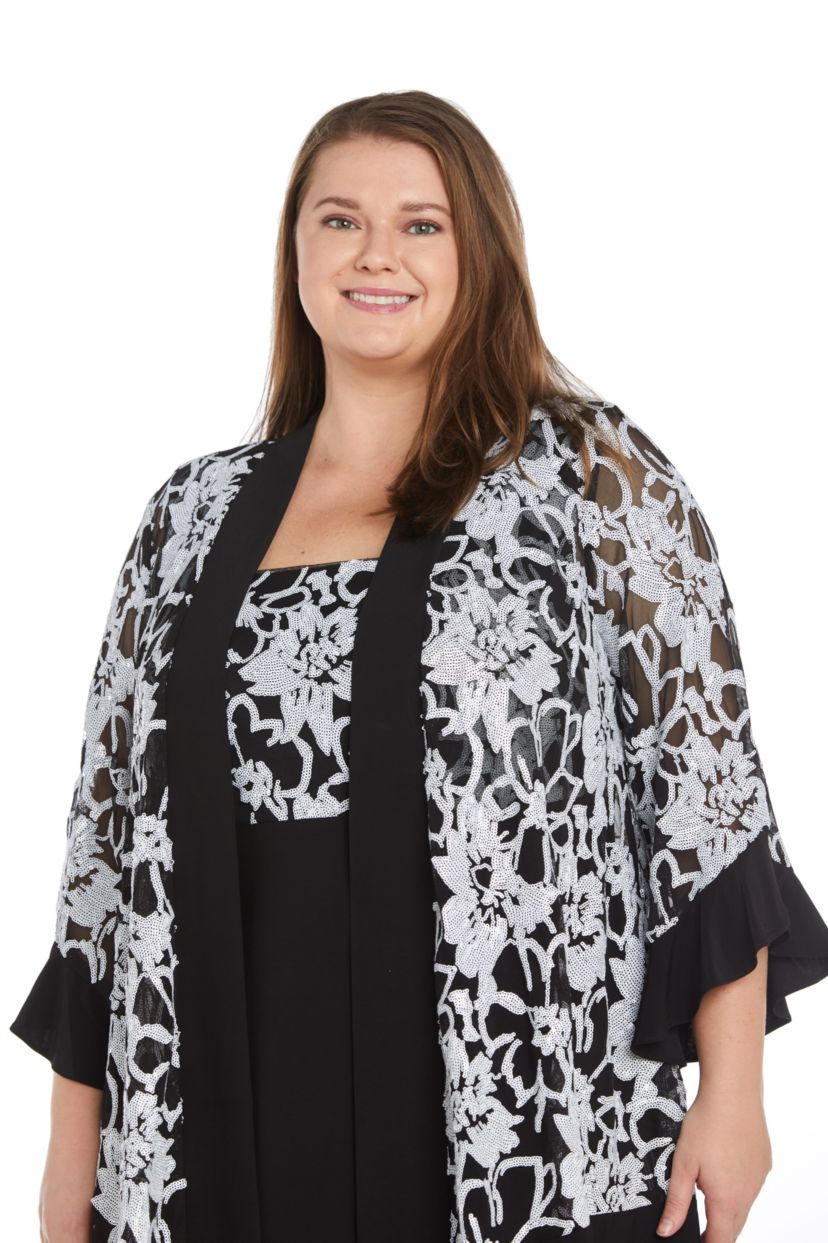 2Pc Jacket Dress With Contrast Floral Sequin Jacket With Ruffle Ity Trim And Sequin Empire Waist Tank Dress