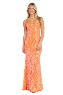 Long Swirl And Scroll Patterned Sequin W Open Back  Spaghetti Straps Tie