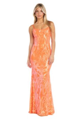 Long Swirl And Scroll Patterned Sequin W Open Back  Spaghetti Straps Tie