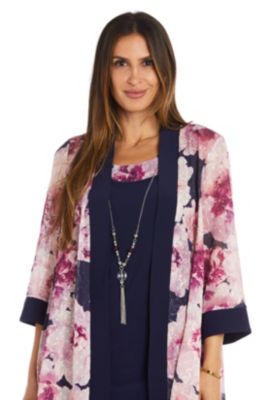 2Pc  Chiffon Floral Printed Jacket Dress With Ity Tank And Detachable Necklace