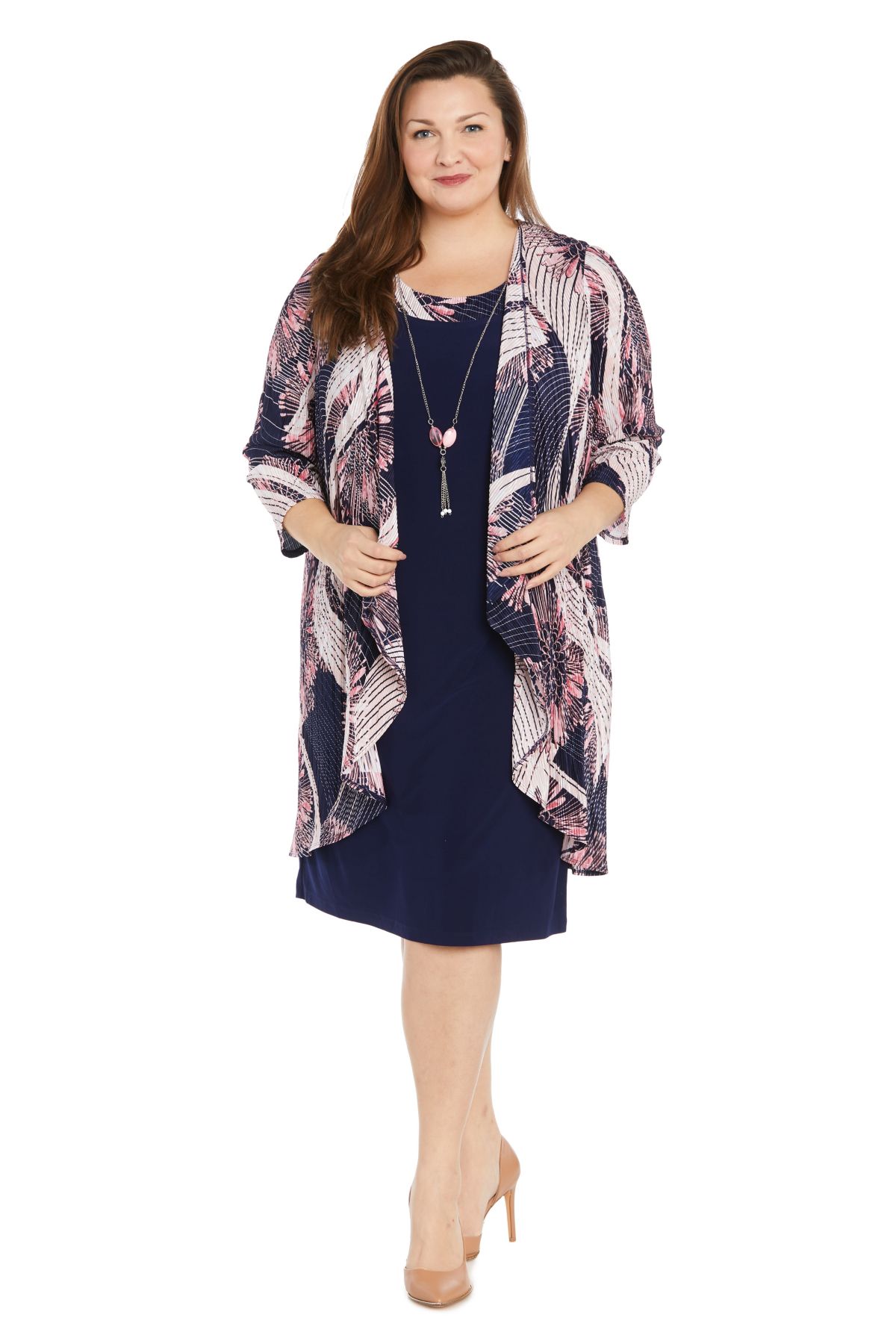 R&M Richards 2 Piezas Formal Impreso Flyaway Chaqueta Y Vestido De Tubo, Ladrillo