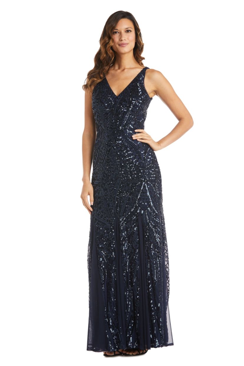 Long Sleeveless Beaded V Front And Back W/Mesh Godet Insets