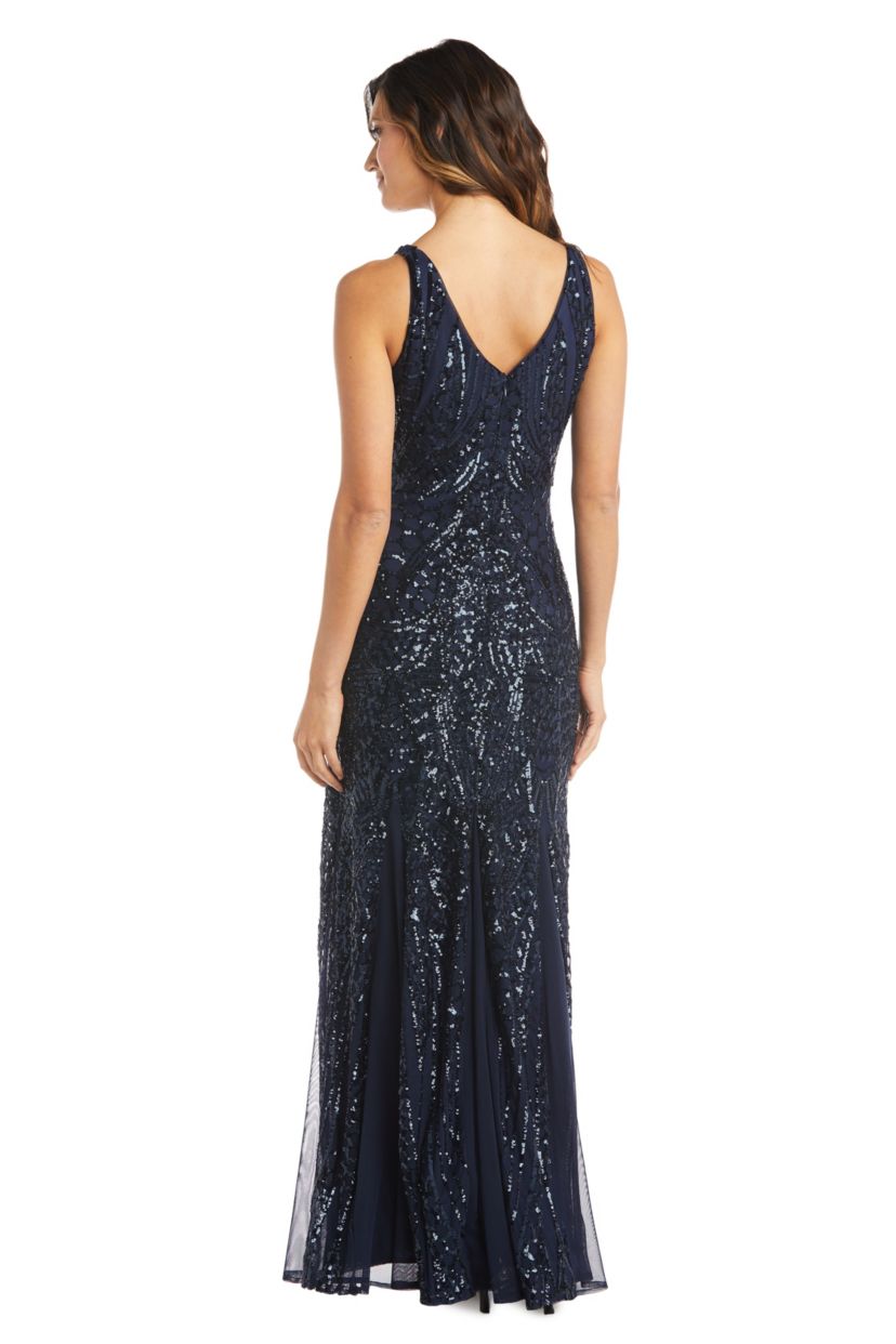 Long Sleeveless Beaded V Front And Back W/Mesh Godet Insets