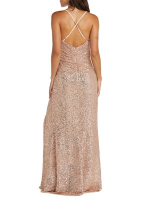 Long All Over Sequin Soft Draped Cowl W Adjustable Spaghetti Strap X Back And Side Slit