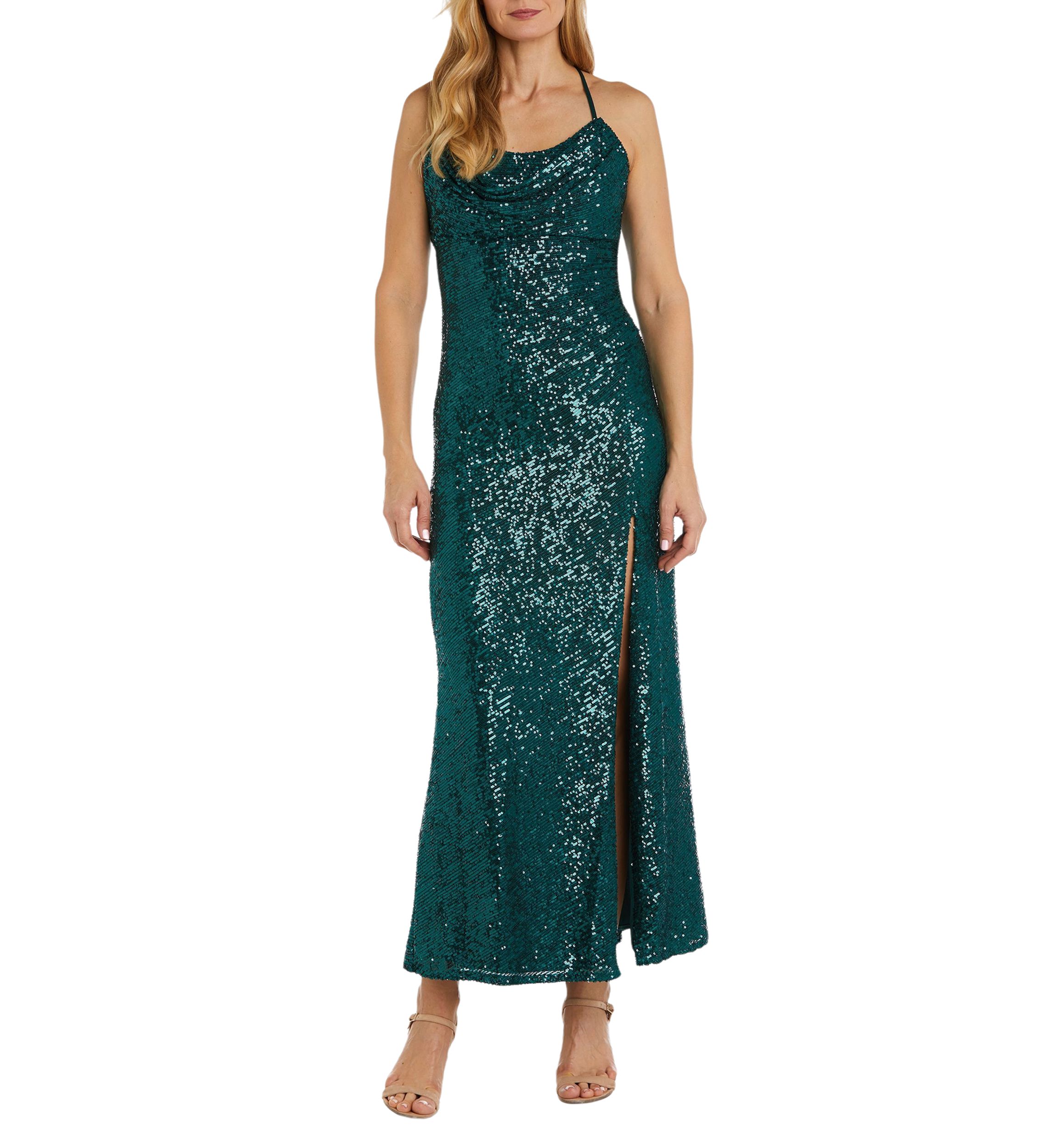 Long All Over Sequin Soft Draped Cowl W Adjustable Spaghetti Strap X Back And Side Slit