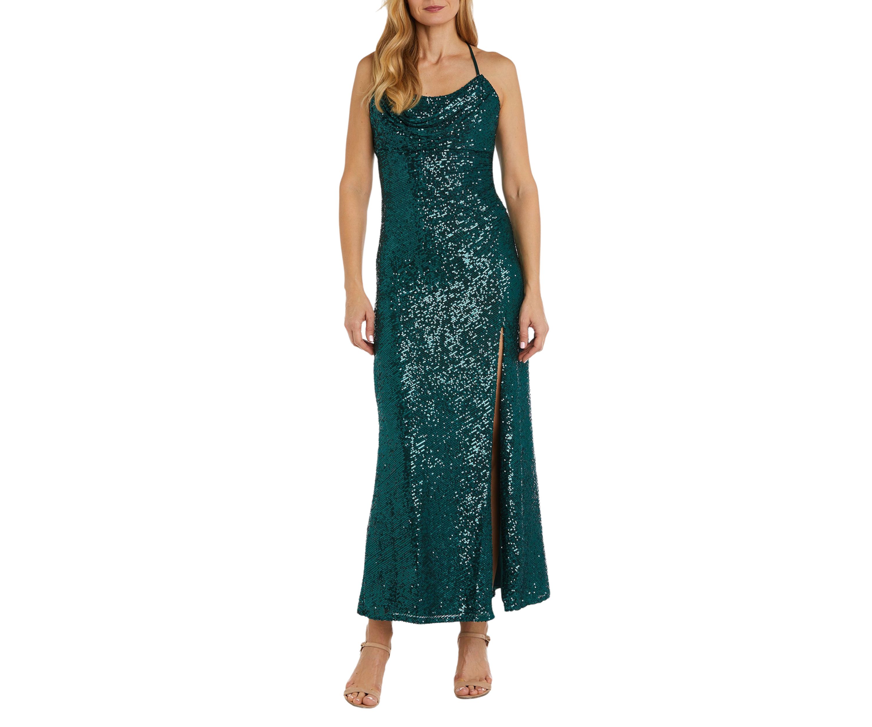 Long All Over Sequin Soft Draped Cowl W Adjustable Spaghetti Strap X Back And Side Slit