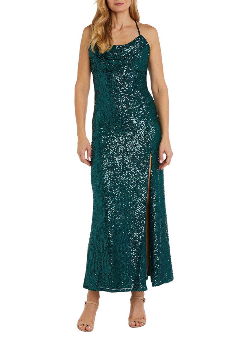 Long All Over Sequin Soft Draped Cowl W Adjustable Spaghetti Strap X Back And Side Slit