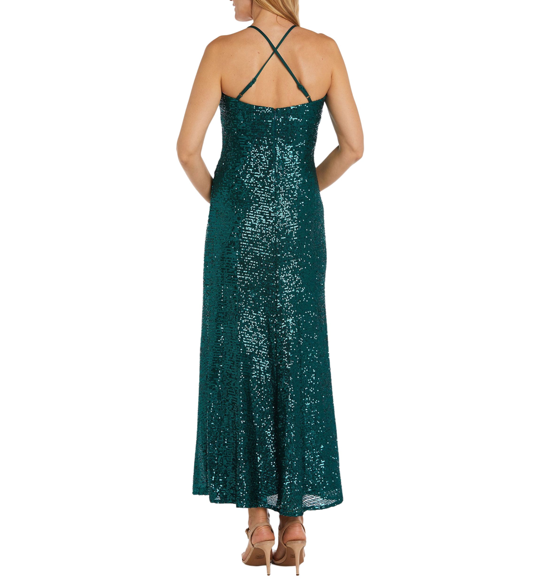 Long All Over Sequin Soft Draped Cowl W Adjustable Spaghetti Strap X Back And Side Slit