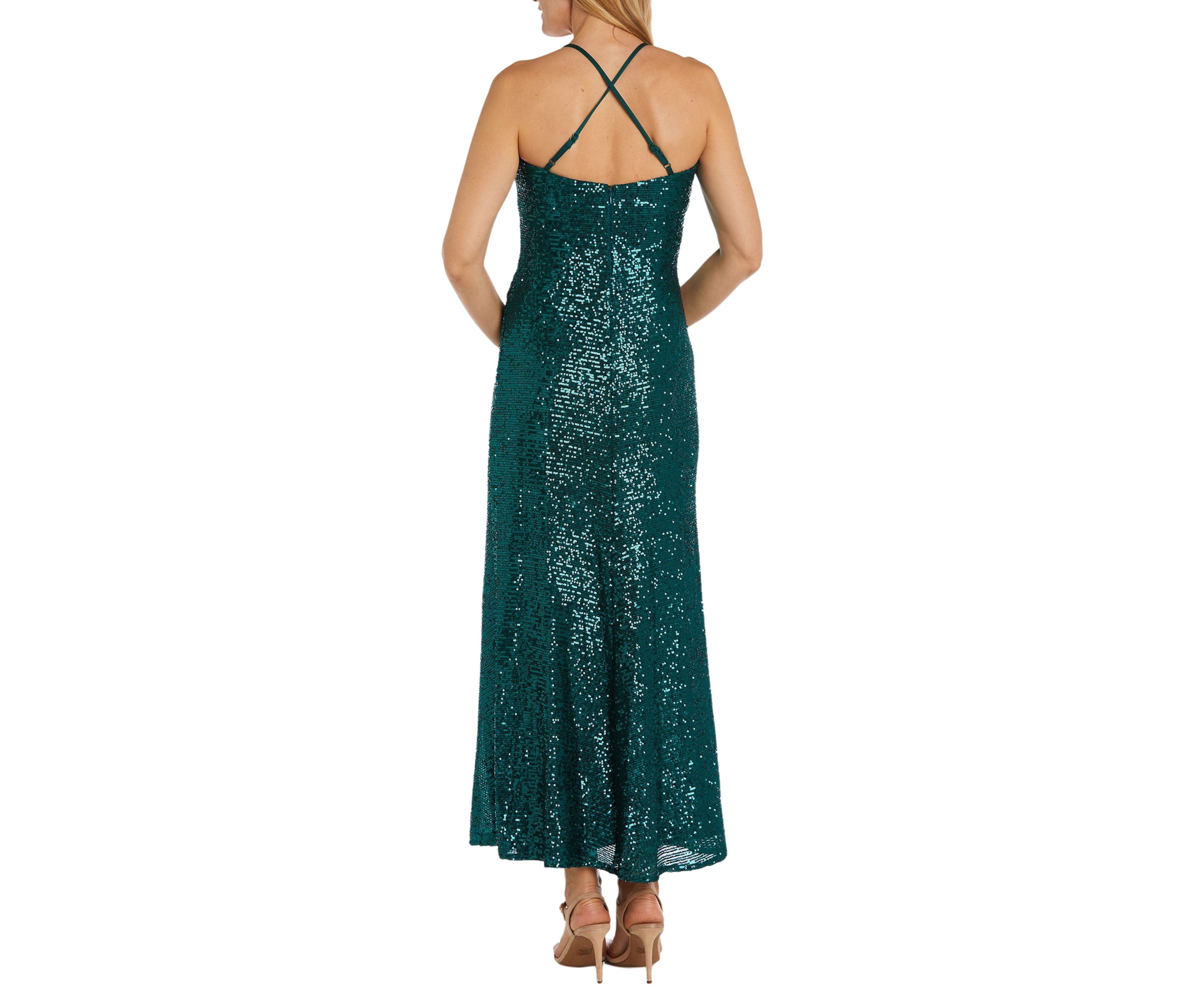 Long All Over Sequin Soft Draped Cowl W Adjustable Spaghetti Strap X Back And Side Slit