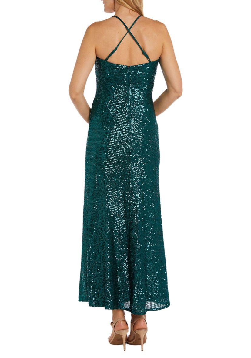 Long All Over Sequin Soft Draped Cowl W Adjustable Spaghetti Strap X Back And Side Slit