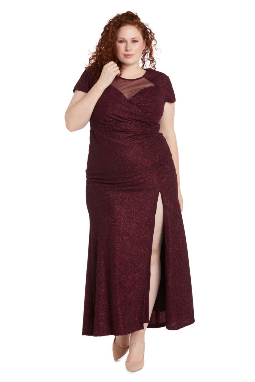 Long Cap Sleeve Sweetheart Neck Draped Glitter Knit W Mesh Bodice And Back W Front Side Slit