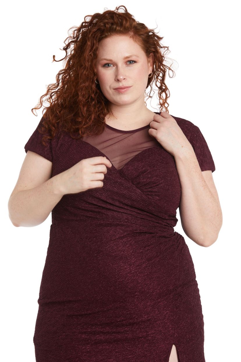 Long Cap Sleeve Sweetheart Neck Draped Glitter Knit W Mesh Bodice And Back W Front Side Slit