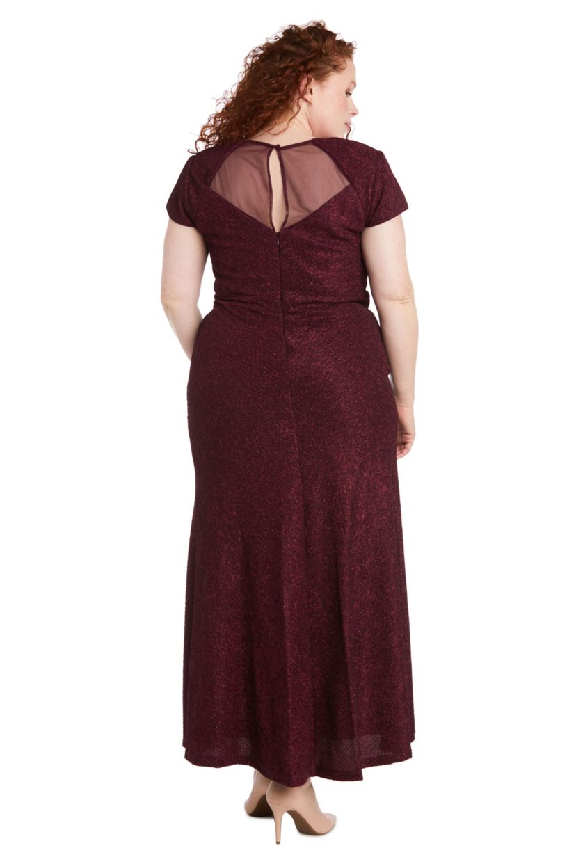 Long Cap Sleeve Sweetheart Neck Draped Glitter Knit W Mesh Bodice And Back W Front Side Slit