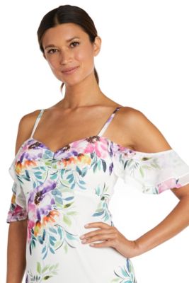 White Ground Floral Print Off The Shoulder Sweetheart Neckline W Spaghetti Straps And Hi Low Flounce Hemline