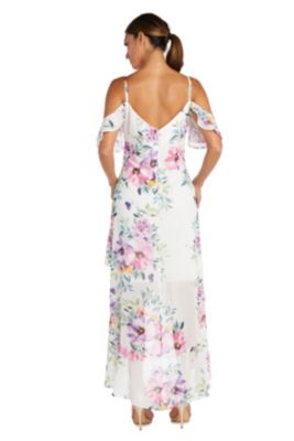 White Ground Floral Print Off The Shoulder Sweetheart Neckline W Spaghetti Straps And Hi Low Flounce Hemline