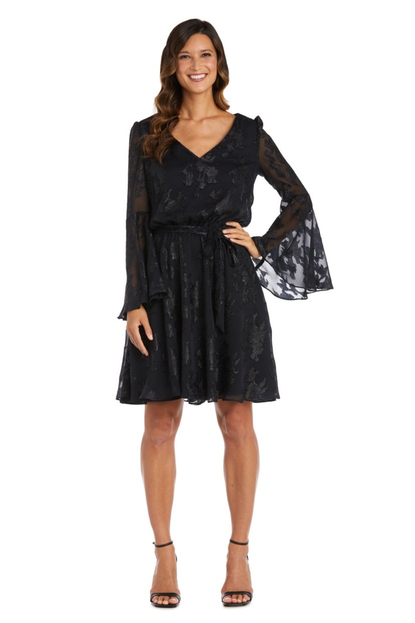 Short Metallic Clip Chiffon Blouson W/Self Tie Waist, V Front, Keyhole Back And Long Bell Sleeves