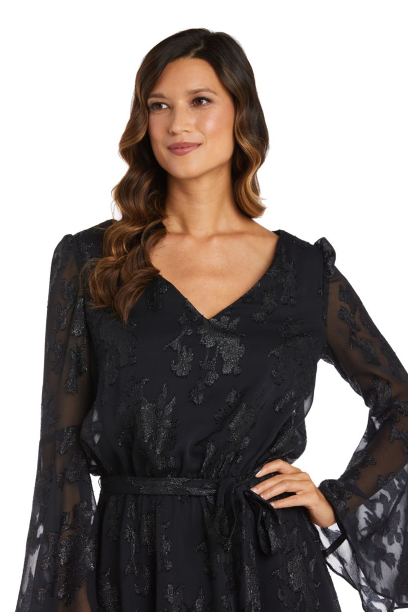 Short Metallic Clip Chiffon Blouson W/Self Tie Waist, V Front, Keyhole Back And Long Bell Sleeves