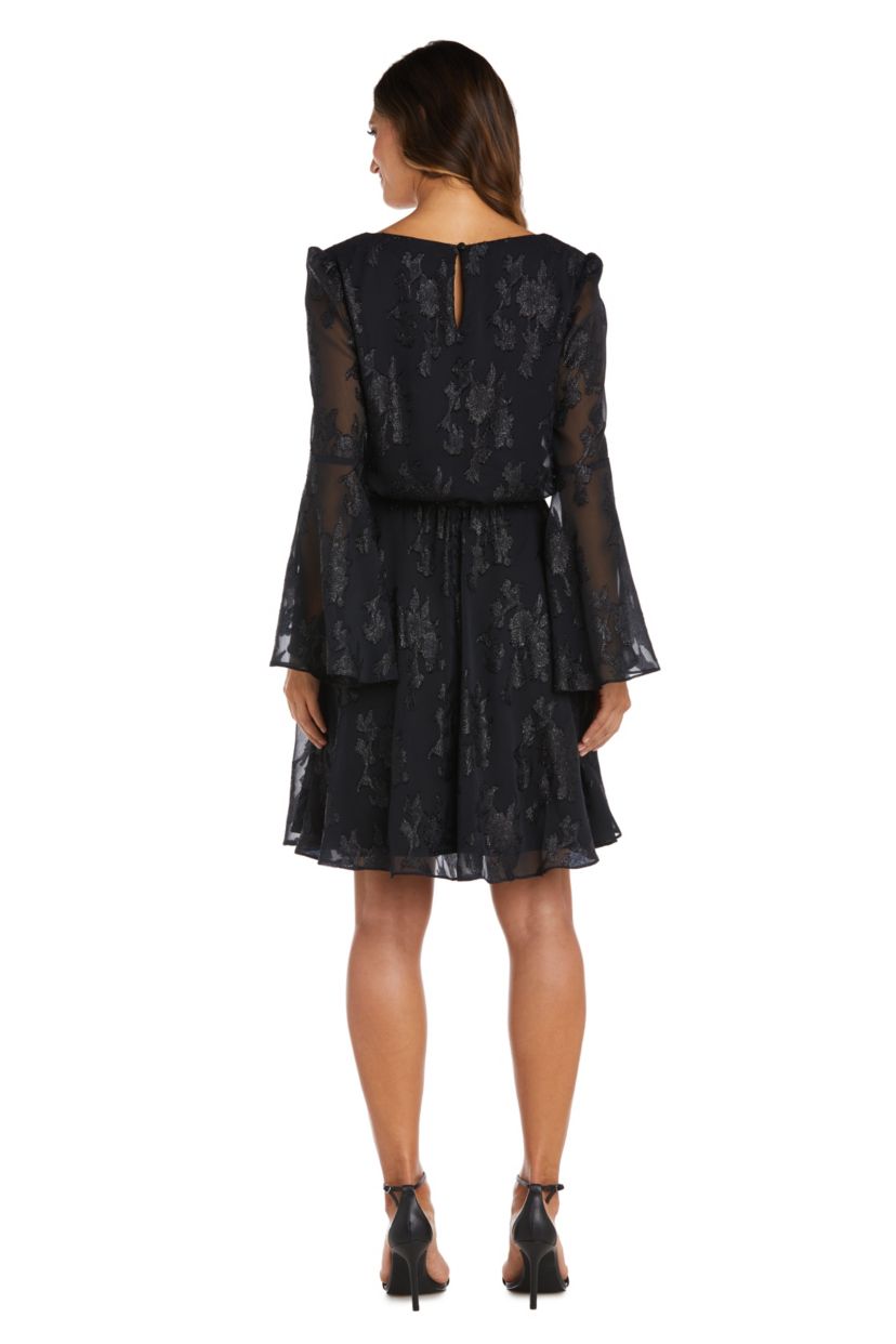 Short Metallic Clip Chiffon Blouson W/Self Tie Waist, V Front, Keyhole Back And Long Bell Sleeves