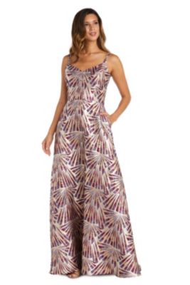 Long Full Skirt Metallic Jacquard Wu Front And Double Spaghetti Straps