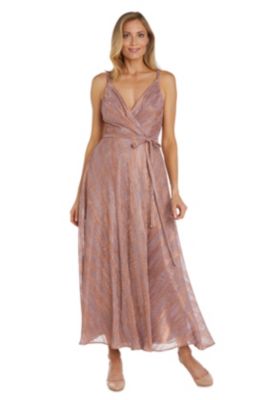 Long Mock Wrap Foil Print W Side Tie, Spaghetti Straps And Full Skirt