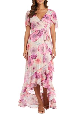 S Mock Wrap Floral Print Hi Lo W Ruffle Hemline