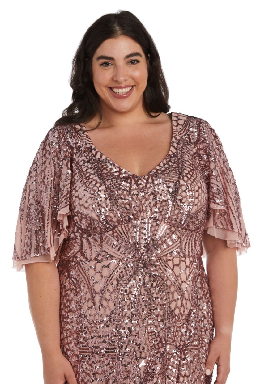 Long V Neck Sequin W/3/4 Flutter Sleeves And Godet Insets