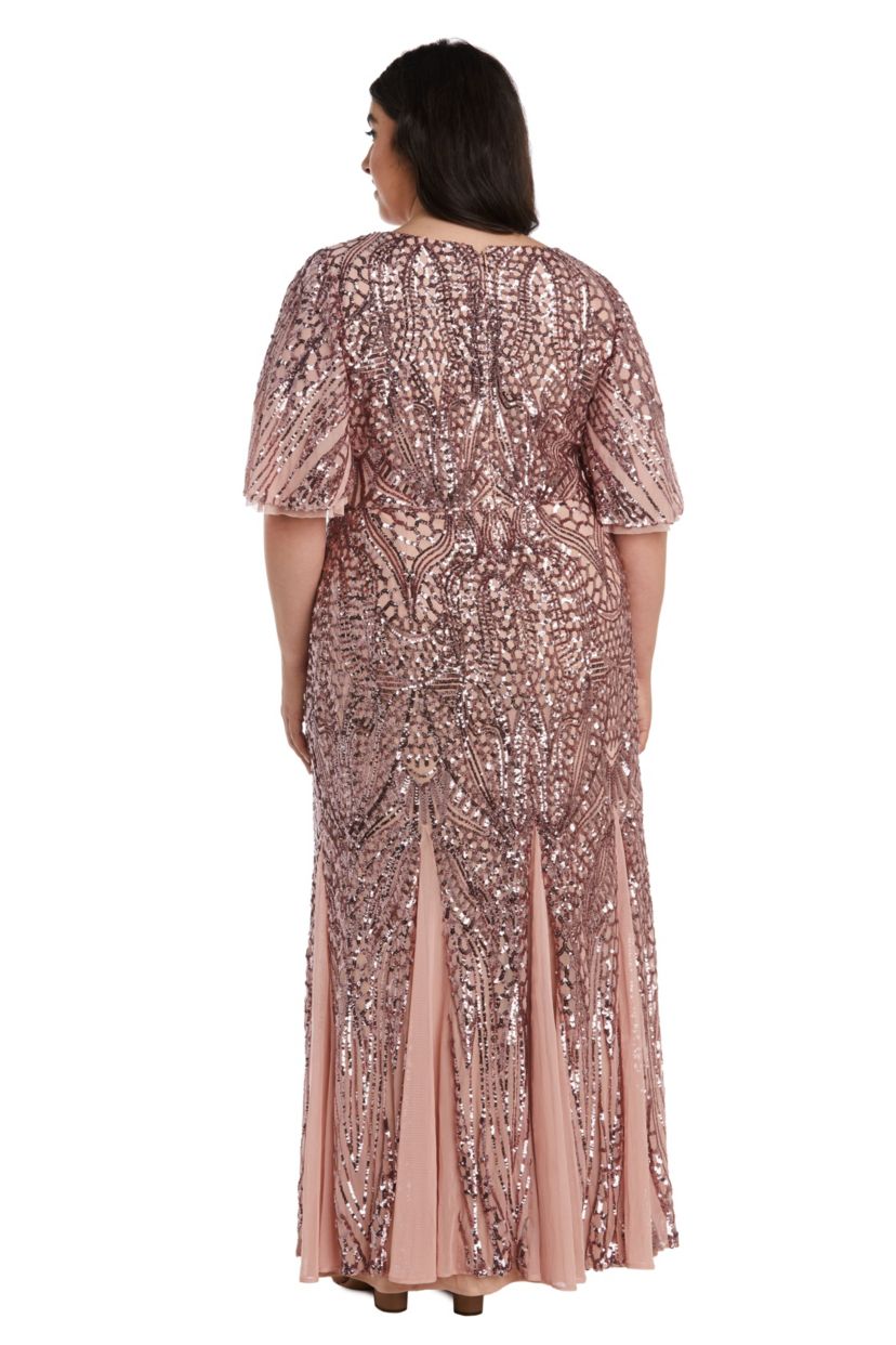 Long V Neck Sequin W/3/4 Flutter Sleeves And Godet Insets