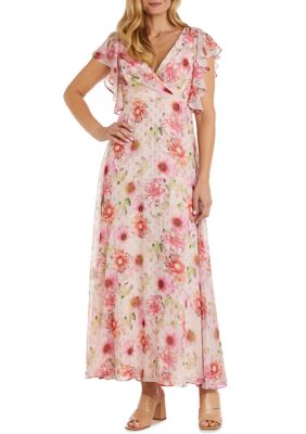 Long Floral Print Mock Wrap Empire Waist W/Short Flutter Sleeves