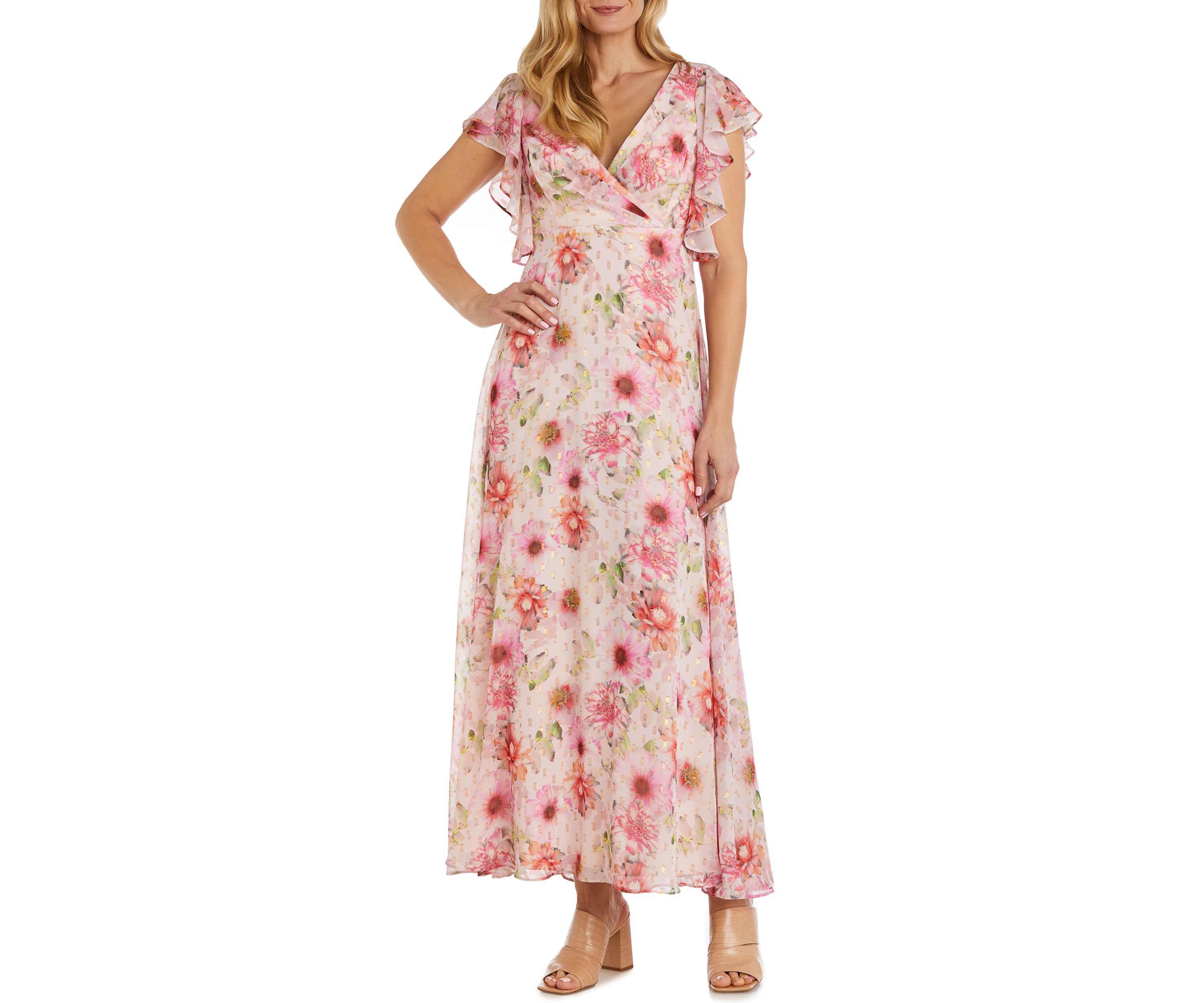 Long Floral Print Mock Wrap Empire Waist W/Short Flutter Sleeves