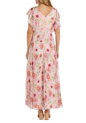 Long Floral Print Mock Wrap Empire Waist W/Short Flutter Sleeves