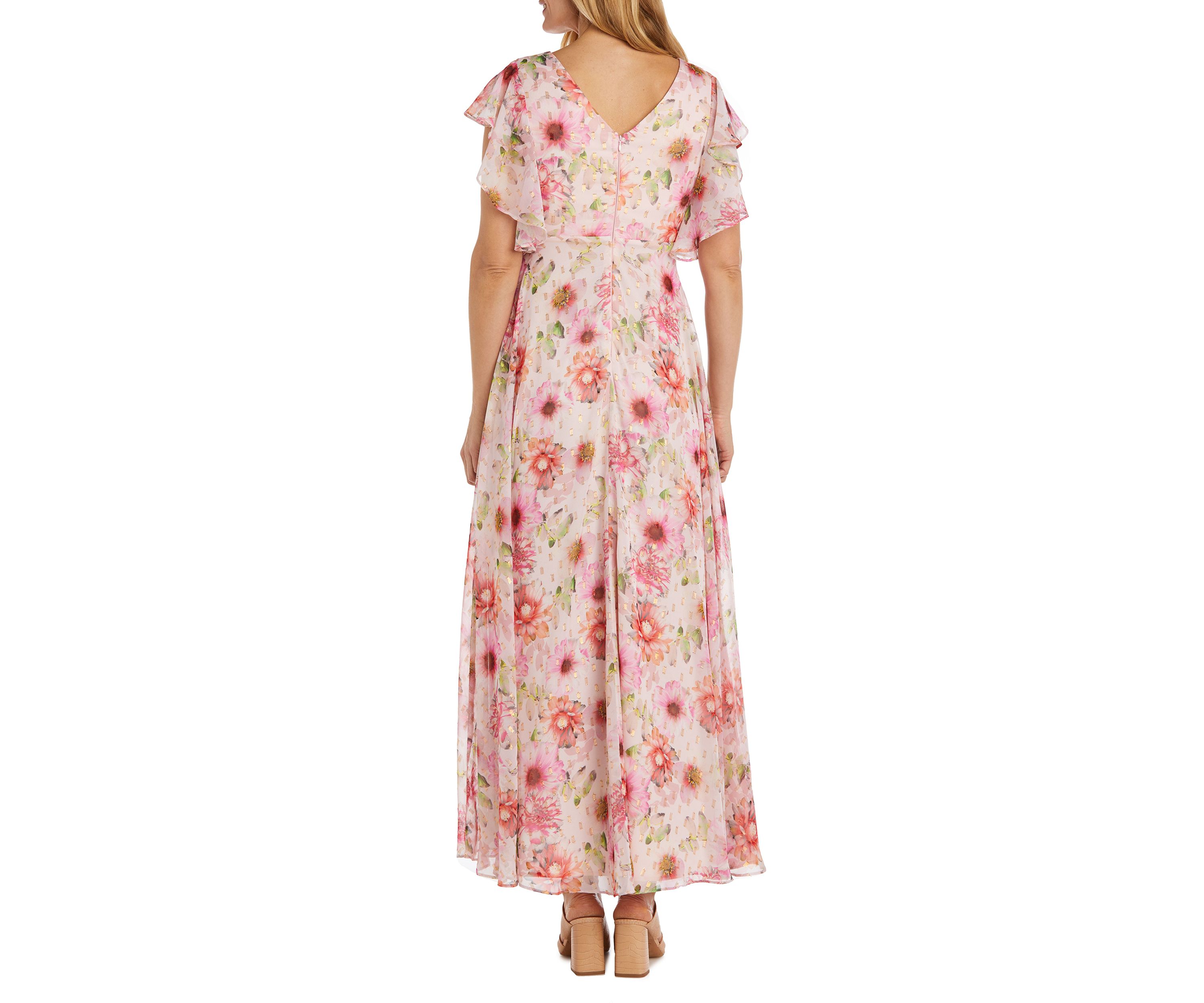 Long Floral Print Mock Wrap Empire Waist W/Short Flutter Sleeves