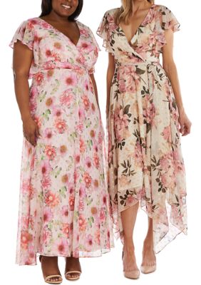 Long Floral Print Mock Wrap Empire Waist W/Short Flutter Sleeves