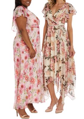 Long Floral Print Mock Wrap Empire Waist W/Short Flutter Sleeves