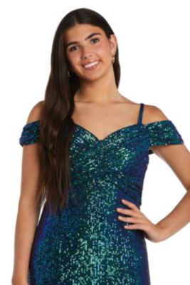 Nightway Long Off The Shoulder Sequins W Criss Cross Bodice Draped Sleeve And V Back, 4 -  0707762515543