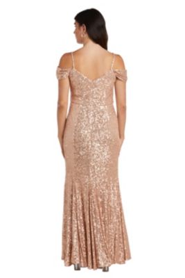 Long Off The Shoulder Sequins W Criss Cross Bodice  Draped Sleeve And V Back