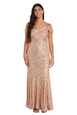 Long Off The Shoulder Sequins W Criss Cross Bodice  Draped Sleeve And V Back
