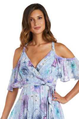 Hi Lo Floral Print W Cut Away Shoulders  Ruffle Sleeve Detail Mock Wrap Bodice Side Tie