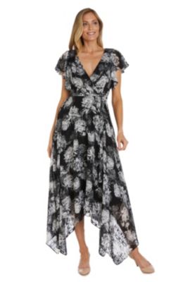 Black Ground Floral Print W Mock Wrap Bodice  Tie Waist Flutter Sleeves And Hanky Hem