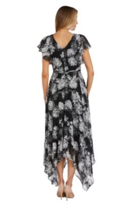 Black Ground Floral Print W Mock Wrap Bodice  Tie Waist Flutter Sleeves And Hanky Hem