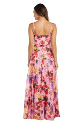 Long Floral Print Mock Wrap W Tie Waist And Spaghetti Straps